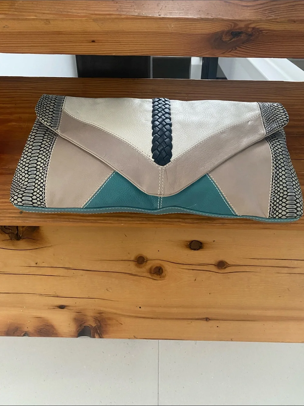 Neutral and Teal Envelope Clutch with Braided Accent